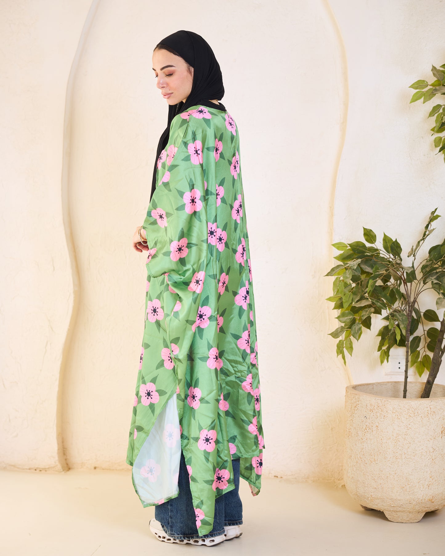 Botanical Bloom Satin Kimono – Sage & Peony