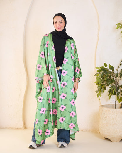 Botanical Bloom Satin Kimono – Sage & Peony