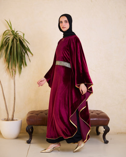 Majestic burgundy Velvet Cinched Kaftan – Ramadan Edition& Matching Clutch Set