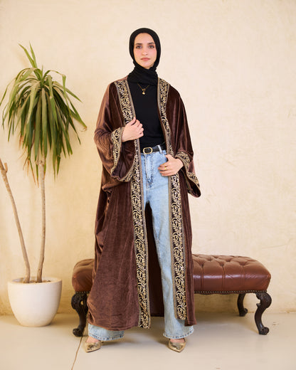 Mocha Heritage Gold-Embroidered Velvet Kaftan