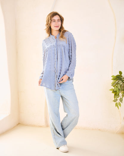 Dusty Blue Pom-Pom Chiffon Blouse