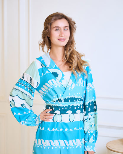 Coastal Geometric Wrap Dress – Turquoise & Mint