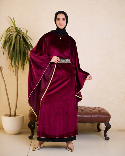Majestic burgundy Velvet Cinched Kaftan – Ramadan Edition& Matching Clutch Set