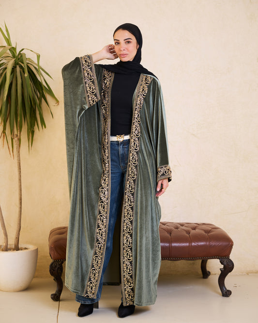 Sage Heritage Gold-Embroidered Velvet Kaftan