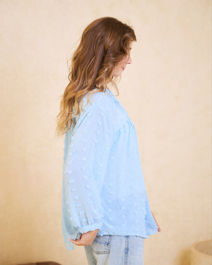 Baby Blue Pom-Pom Chiffon Blouse
