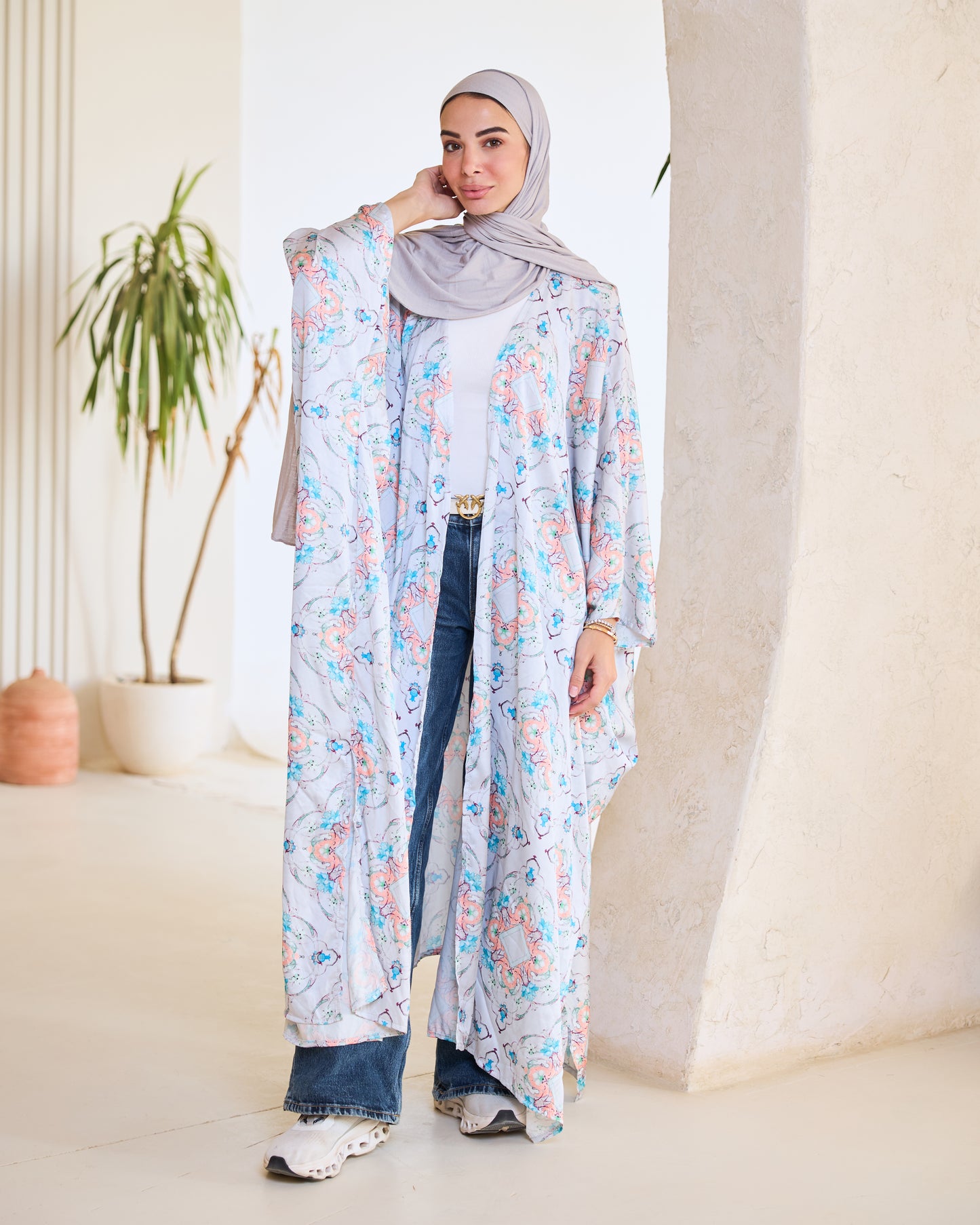 Pastel Floral Arabesque Longline Kimono