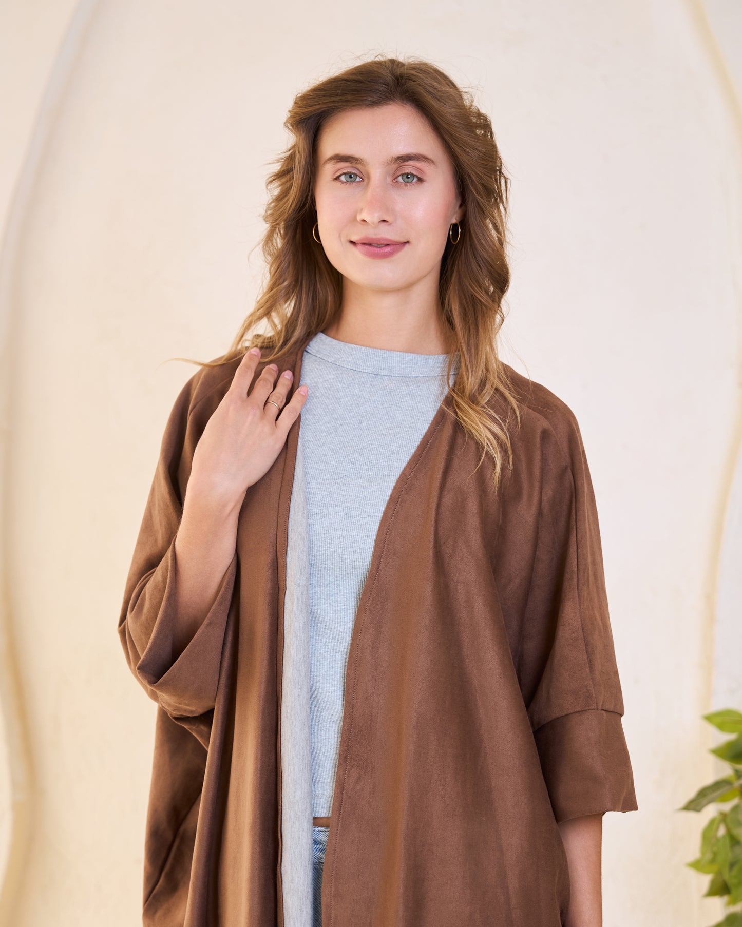 Laser-Cut Suede Kimono in Deep Brown
