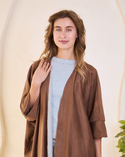 Laser-Cut Suede Kimono in Deep Brown