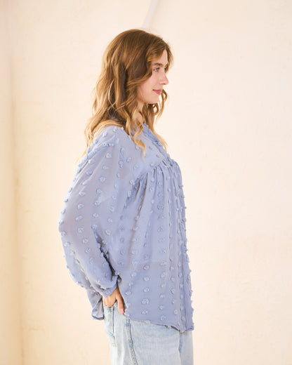 Dusty Blue Pom-Pom Chiffon Blouse