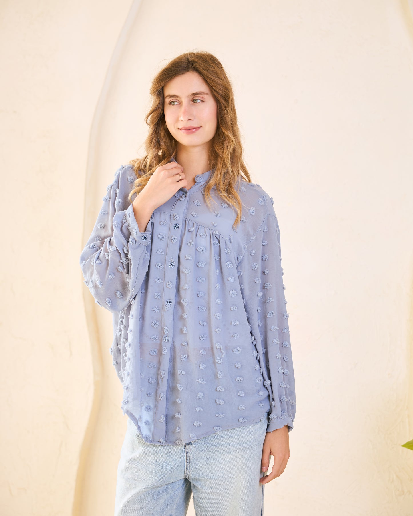 Dusty Blue Pom-Pom Chiffon Blouse