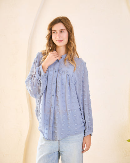 Dusty Blue Pom-Pom Chiffon Blouse