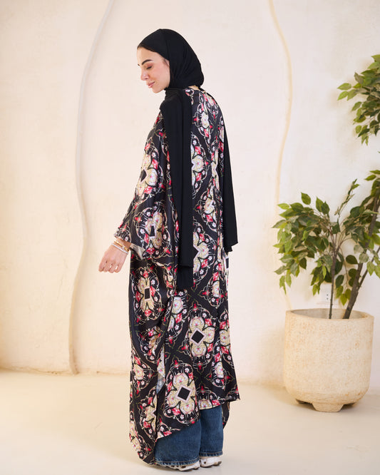 Black Floral Satin Longline Kimon