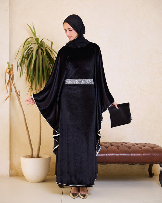Majestic black Velvet Cinched Kaftan – Ramadan Edition& Matching Clutch Set