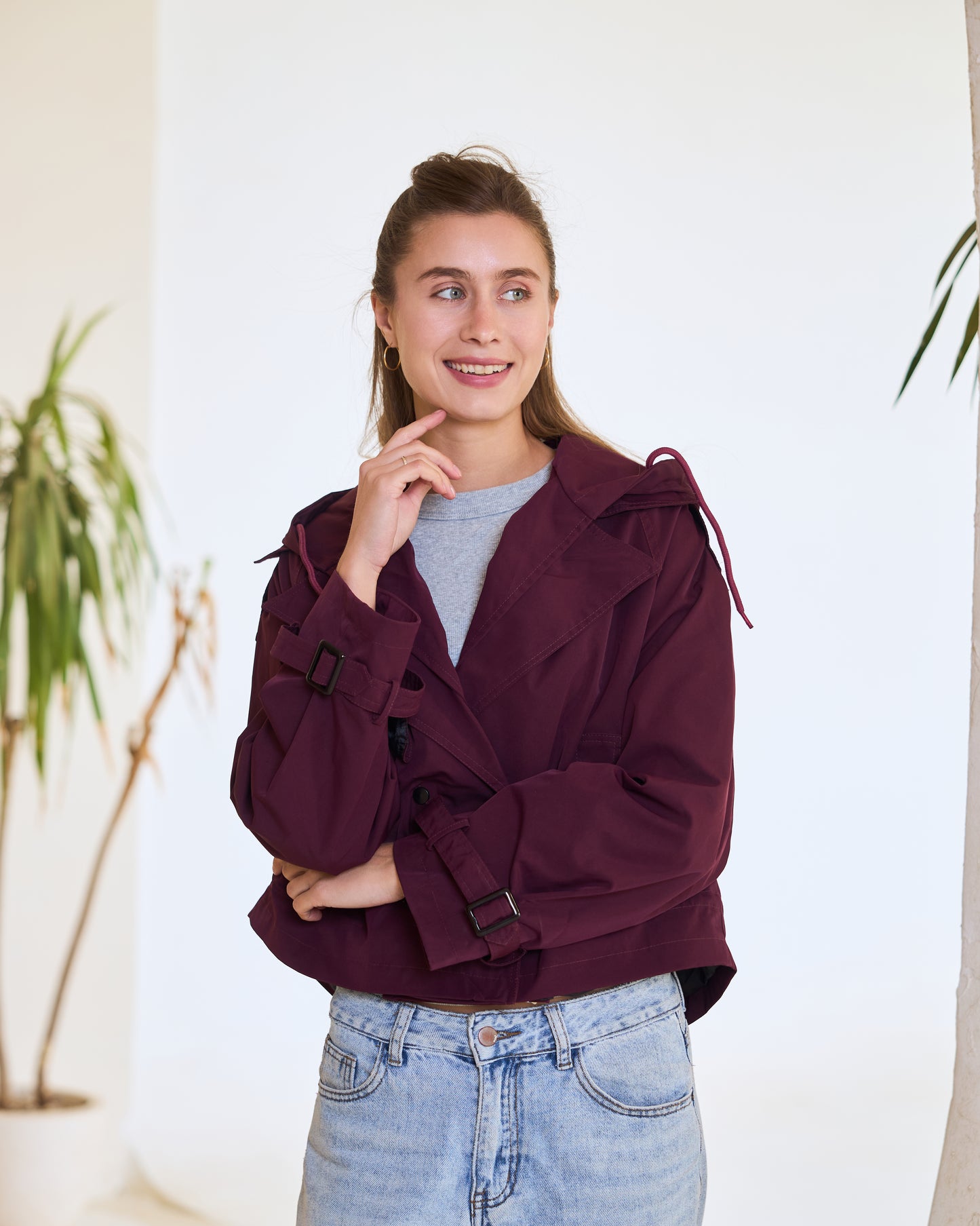 Double-Breasted Cropped Trench Jacket – Royal Plum.