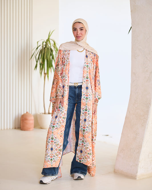 Oriental Floral Print Kimono in Peach