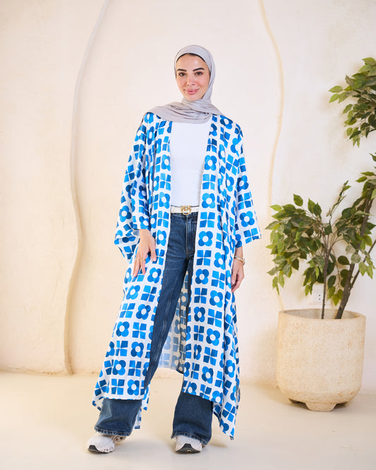 Azure Blue Geometric Floral Longline Kimono
