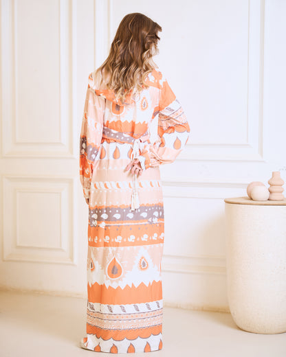 Sunset Geometric Wrap Dress – Peach & Apricot